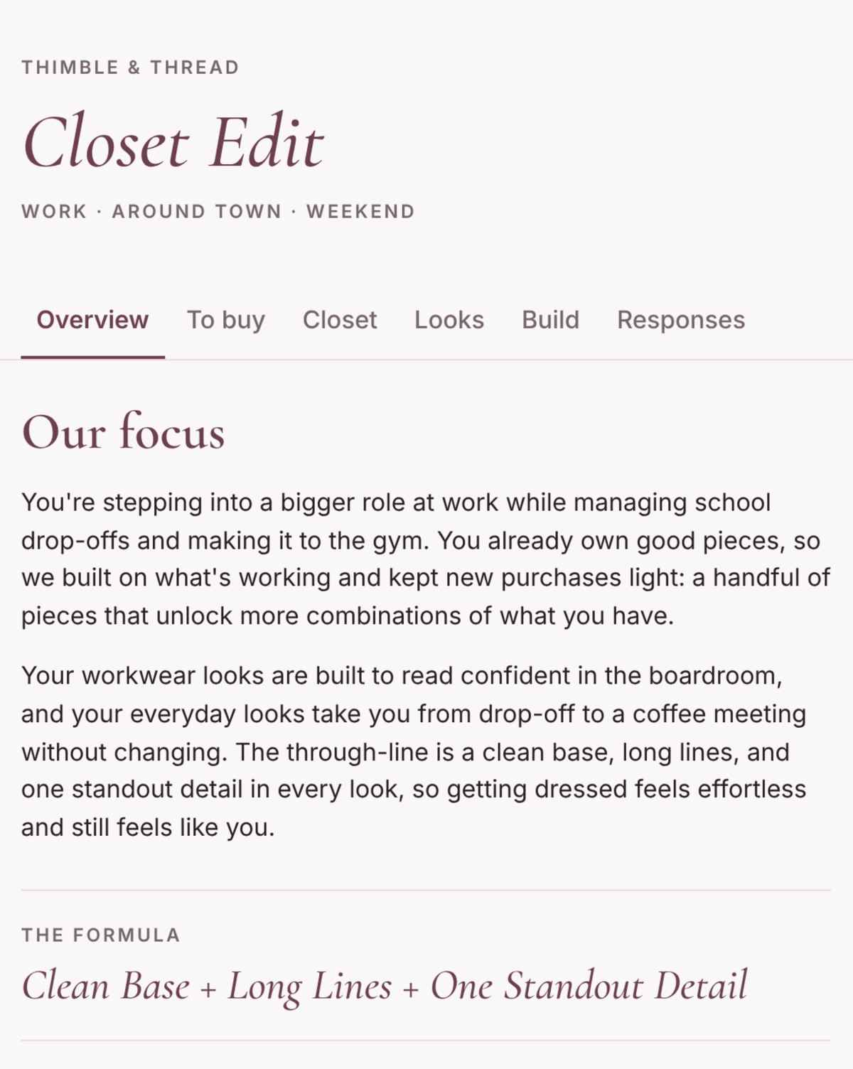 Sample lookbook: focus and formula