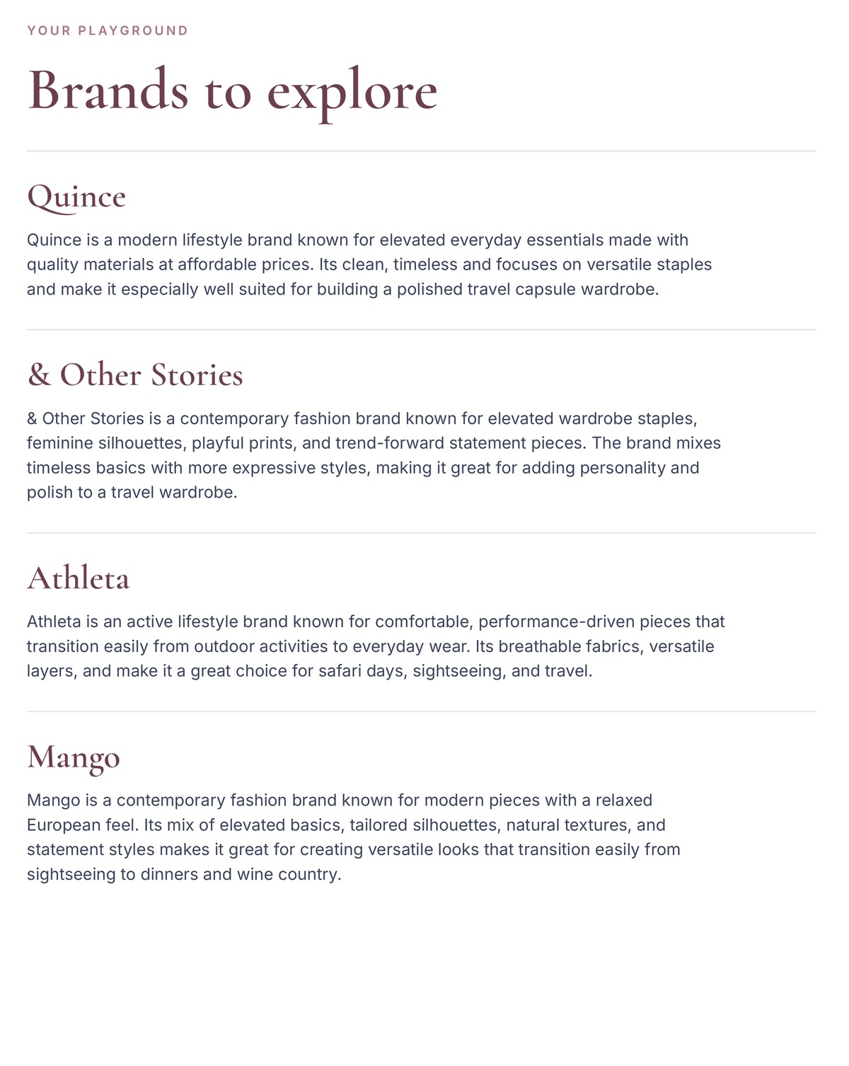 Travel Capsule sample: brands to explore